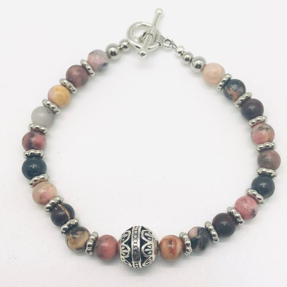Beaded Bracelet - pink and gray marble beads with silver accents - Picture 2 of 2